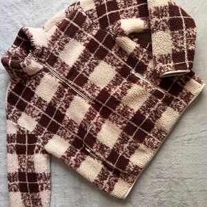 Aerie Offline Fluffy Sherpa Quarter Zip Sweatshirt Canyon Sun Neutral Plaid